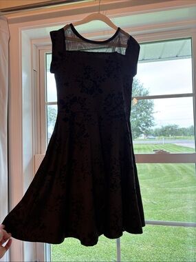 btween Black Floral Fit-and-Flare Mini Dress with Sheer Yoke